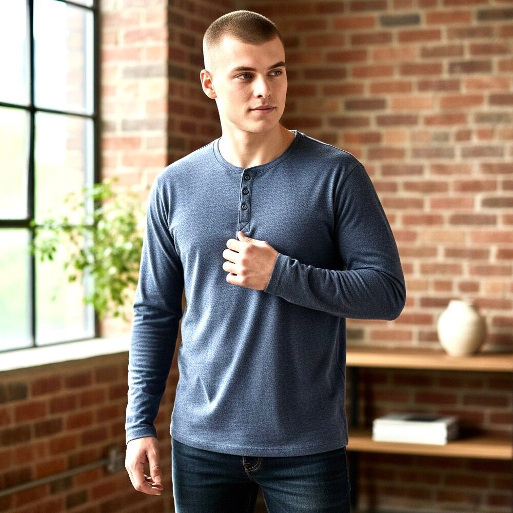 PEACOCKS UK Mens XL Gray Henley Shirt Long Sleeve Regular Fit Pullover 3 buttons